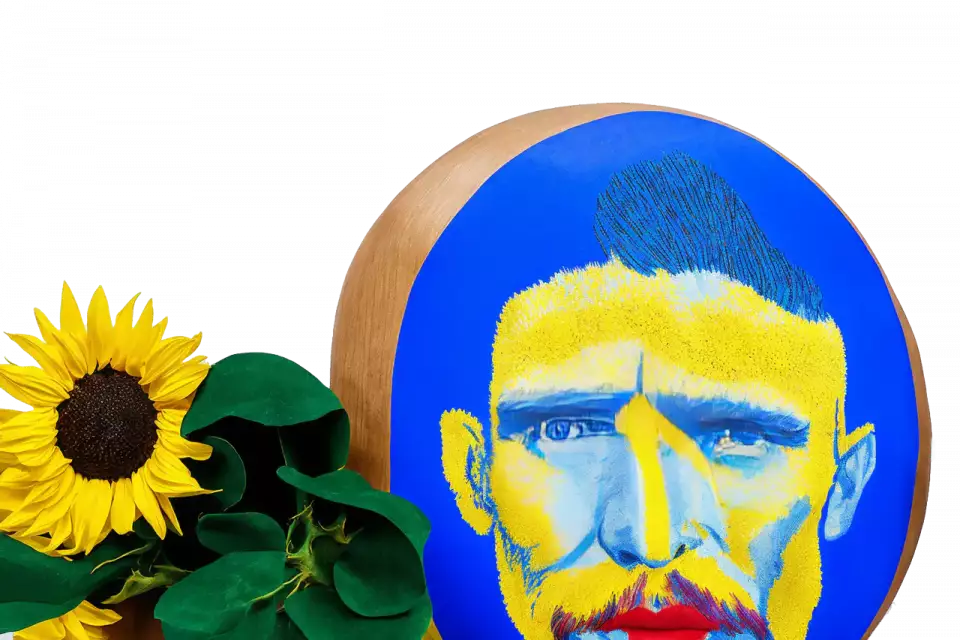 Inklusion aus Hamburg: Eine farbenfrohe künstlerische Darstellung des Gesichts eines Mannes, gemalt auf einer kreisförmigen Leinwand, neben einer leuchtenden Sonnenblume vor einem schwarzen Hintergrund.