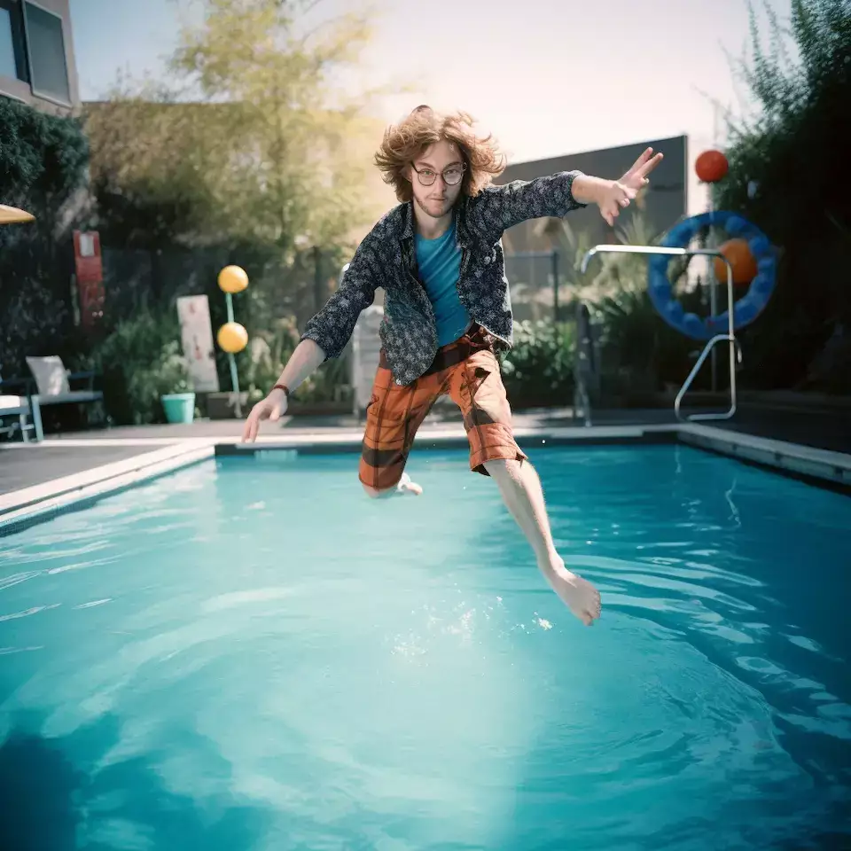 Das Bild zeigt eine lebenslustige männliche Person im Freizeitlook, die in einem Freizeitzentrum in ein Schwimmbecken springt. Die Person befindet sich in der Luft und fällt gleich ins Wasser. Poolcore
