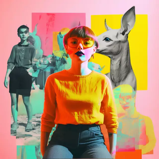 Inklusion und KI: Ein lebendiges Collage-Kunstwerk mit einer Frau in einem gelben Pullover und einer Brille im Vordergrund, mit einem Hirschkopf, einer monochromen Frau und abstrakten Formen im Hintergrund.