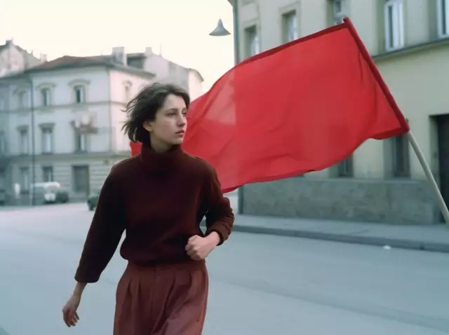 Studentin mit einer roten Flagge. Reenactment einer Aktion aus den 1968ern. Foto KI generiert.