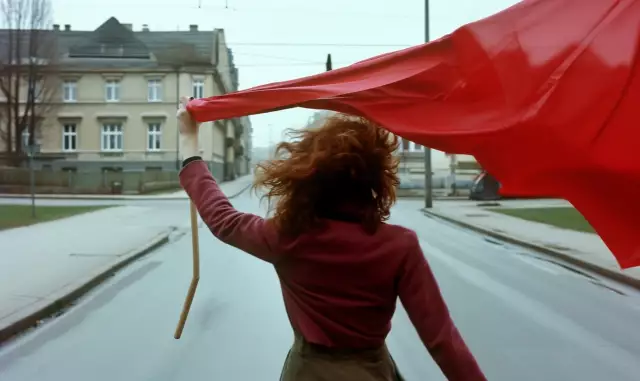 Studentin mit einer roten Flagge wirbelt eine Straße entlang. Reenactment einer Aktion aus den 1968ern. Foto KI generiert.