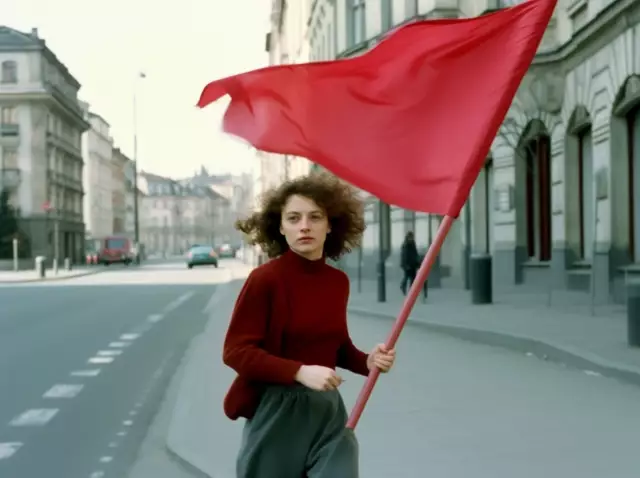 Studentin mit einer roten Flagge rennt eine Straße entlang. Reenactment einer Aktion aus den 1968ern. Foto KI generiert.