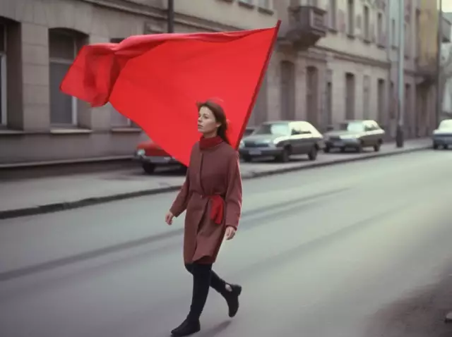 Studentin mit einer roten Flagge geht eine Straße entlang. Reenactment einer Aktion aus den 1968ern. Foto KI generiert.