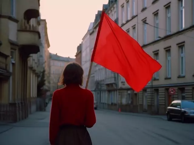 Studentin mit einer roten Flagge geht eine Straße entlang. Reenactment einer Aktion aus den 1968ern. Foto KI generiert.