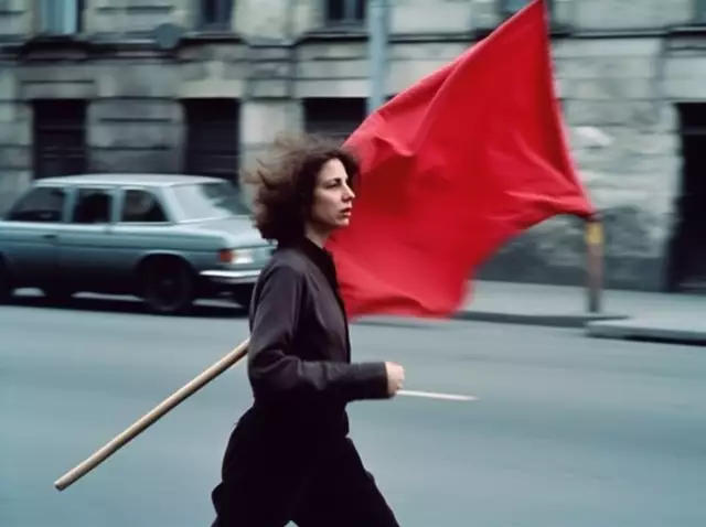 Studentin mit einer roten Flagge rennt eine Straße entlang. Reenactment einer Aktion aus den 1968ern. Foto KI generiert.