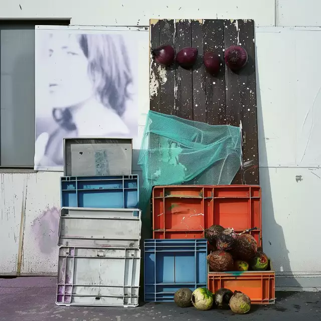 Stillleben 2- mit verschiedenen Formen, einem Bild einer jungen Frau, Oberflächen und Objekten im Straßenraum abgestellt, KI generiertes Bild